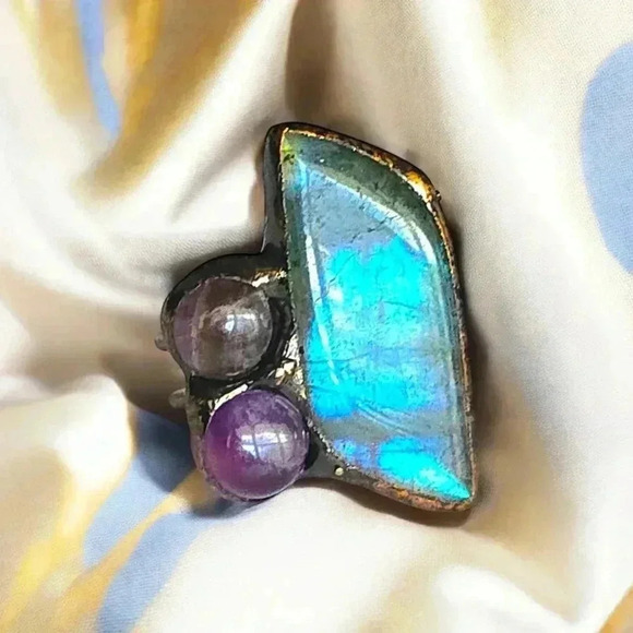 🆕️Boho Chic Labradorite & Amethyst Adjustable Copper Ring Rustic Vintage Style - Picture 11 of 17